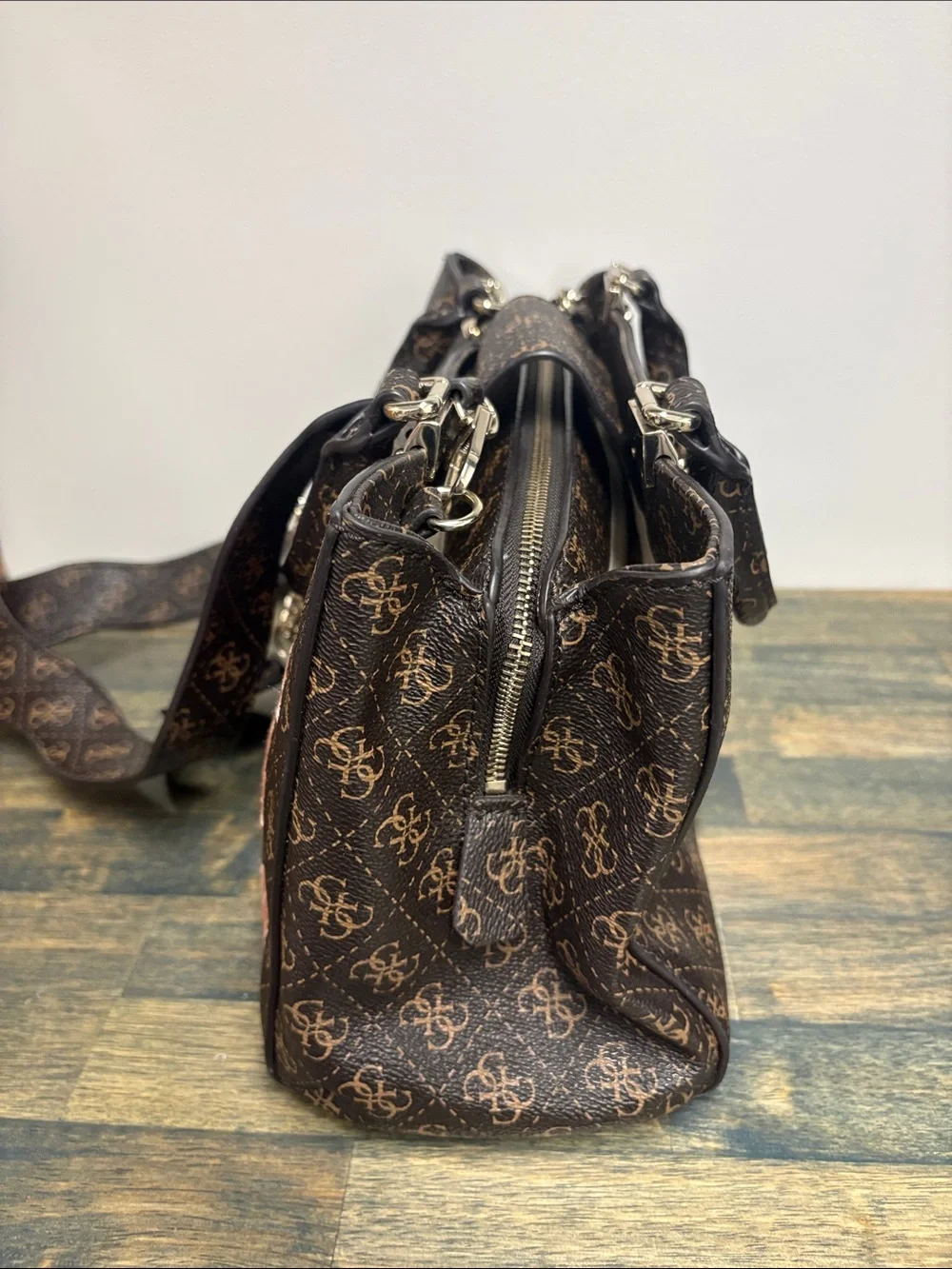 GUESS Brown Satchel with Pink Floral Embroidery